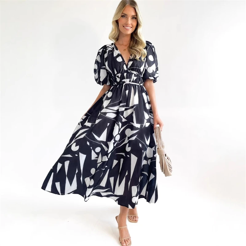 Fashion Boho Floral Print Long Dress For Women New Spring Summer Short Sleeve V Neck Elegant Style Maxi Dresses Robe Femme
