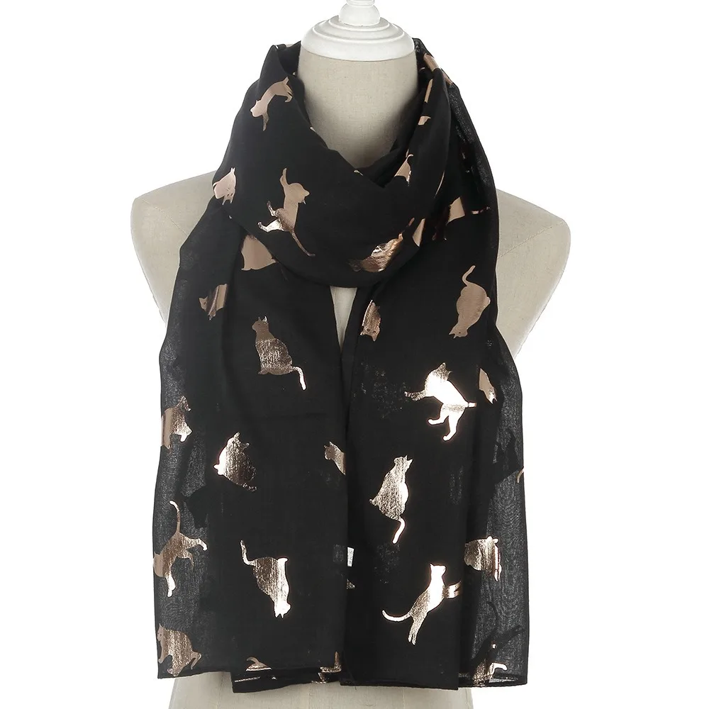 New Design Polyester Cat Print Scarf with Frayed Hem Lightweight Animal Scarf Rectangular Soft Shawl Wrap