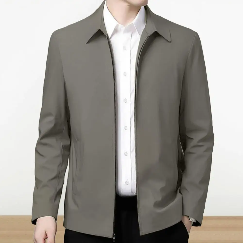 Men Jacket Elegant Mid-aged Men's Lapel Jacket with Zipper Closure Pockets for Formal Business or Casual Daily Wear in Spring