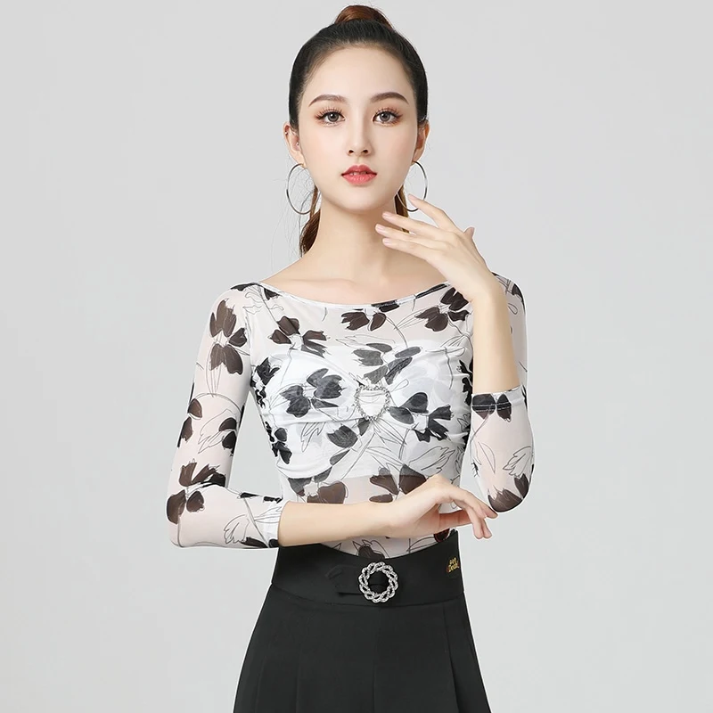 2025 Damen Modern Dance Top Print Diamantärmel Overall Chacha Rumba Tango Tanzkleid Latin Dance Kostüme Tragen DN 20792