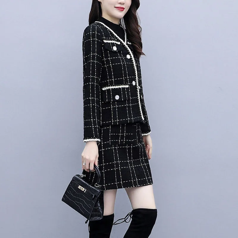 Women\'s Tweed Coat and Skirt Set, Oversized Female Dress Suit, Professional, Casual, Tide, Black, 5XL, New, Spring, Autumn