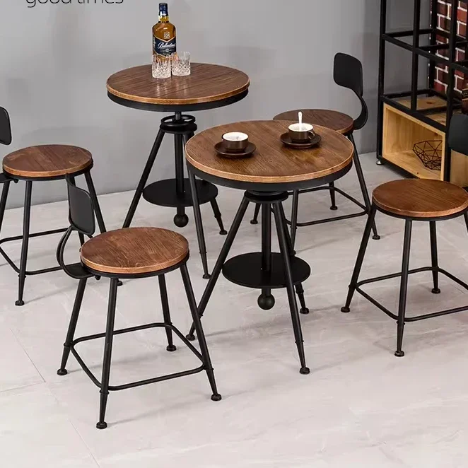 American retro metal dining table coffee tea shop solid wood leisure round table and chair set wall-mounted negotiation table