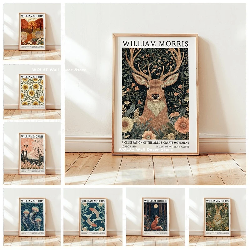 William Morris Night Fox Rabbit Deer Animal Canvas Print Sunflower Flower Autumn Tree Plant Poster for Living Room Home Decor