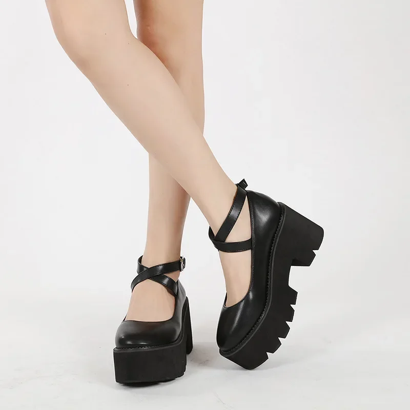 8cm Heels Spring Thick Bottom Fashion Cross Belt Simple Single Shoes and American Style Sexy Muffin Women Shoes