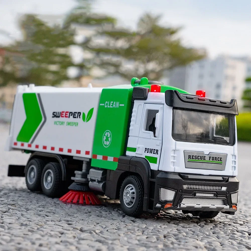 1:32 Alloy Urban Sanitation Truck Cars Miniature Models Toys with Sound Light Doors Opened Sweeper Vehicle Kids Collection Gifts