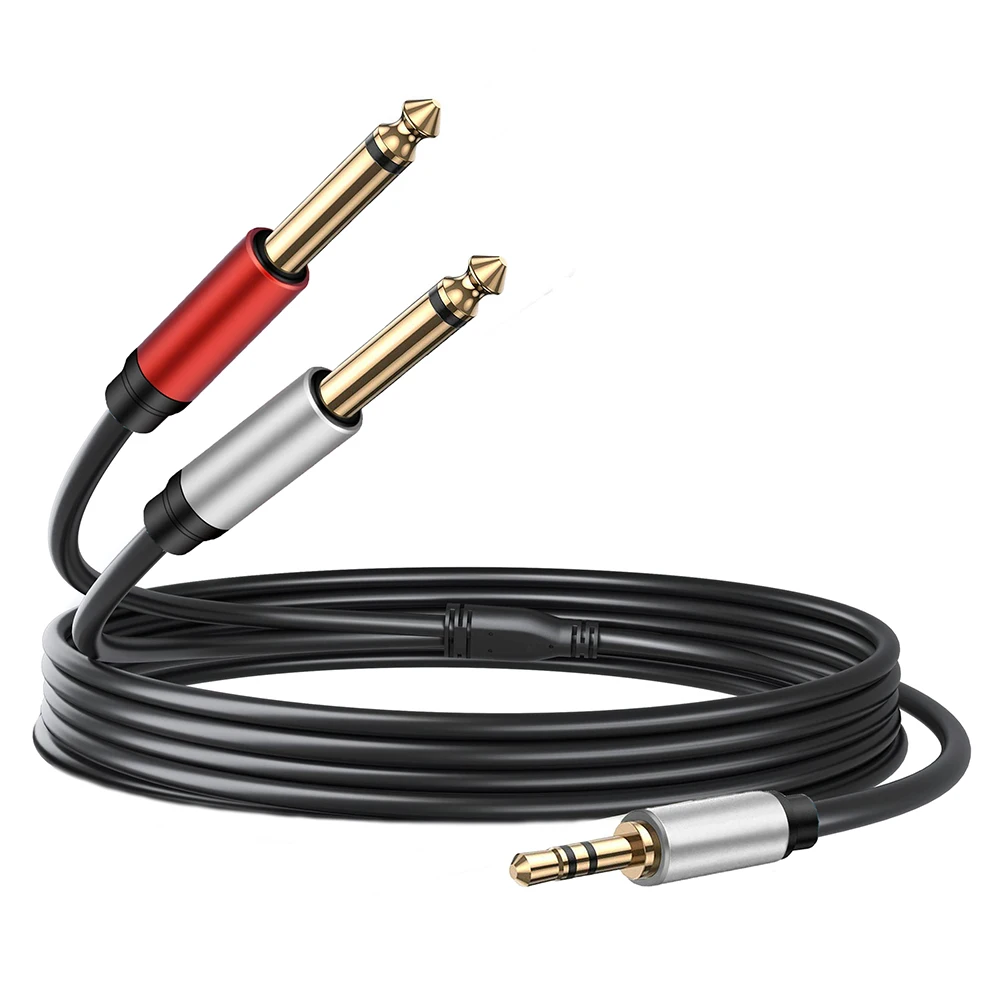 1.8M/6FT 1/8 TRS 3.5mm to Dual 1/4 6.35mm TS Mono Y Splitter Stereo Breakout Audio Cable for PC Phone Amplifier Mixer Speaker