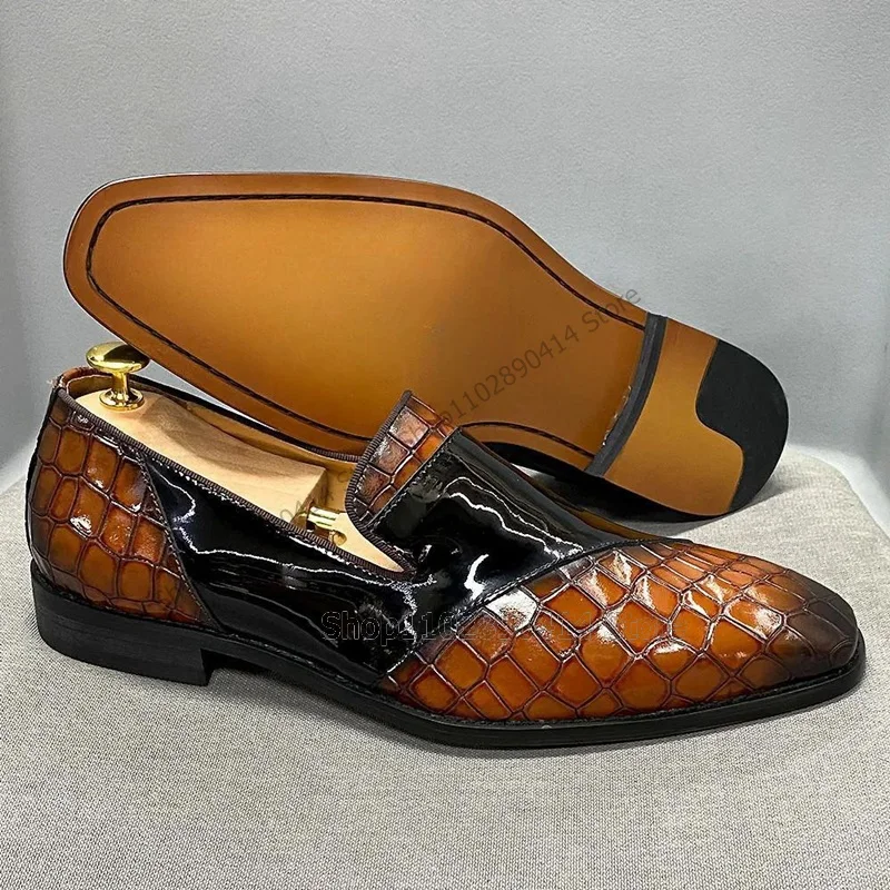 Brown Black Crocodile Print Square Toe Men Loafers Fashion Slip On Men Shoes Luxurious Handmade Party Banquet Men Dress Shoes