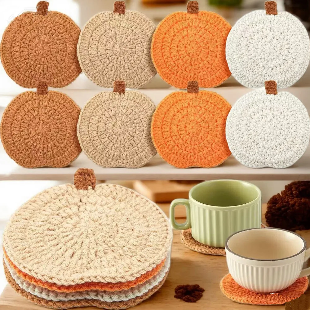 

Hand-knitted Halloween Pumpkin Coasters Made Of Hand-woven Wool Yarn Handmade Crochet Anti-scald Coasters In The Shape Of Apples