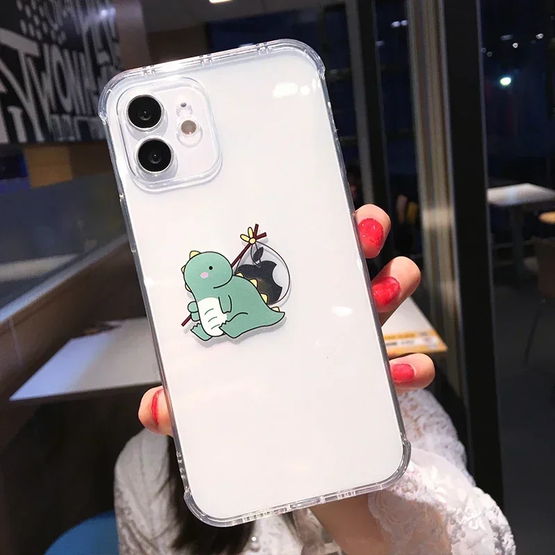 Funny Cute Cartoon Dinosaur Clear Phone Case For iPhone 16 15 14 13 Pro Max 12 11 X XS XR Mini 15 Plus SE Soft Shockproof Covers