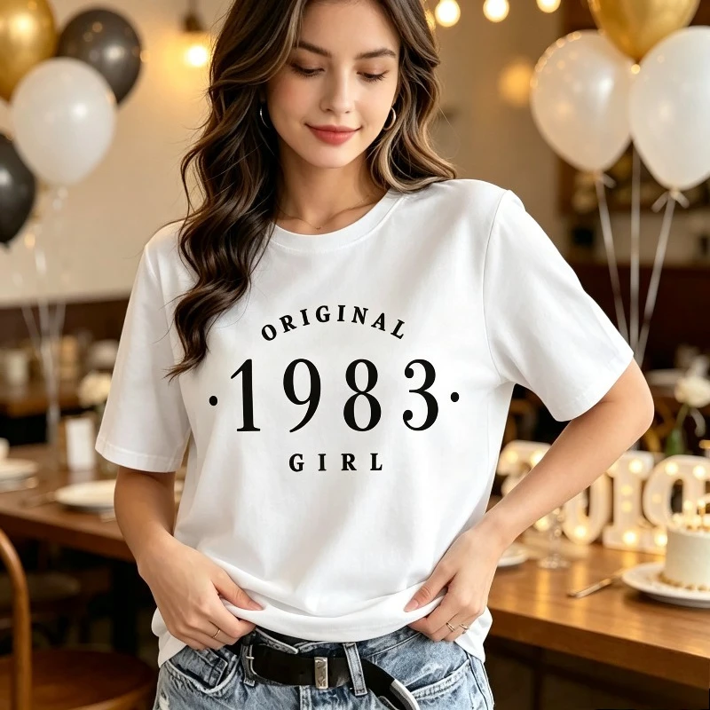 Women Original 1983 Girl T-Shirt Minimal Year Number Graphic Modal Casual Birthday Retro Gift Top Aesthetic Streetwear