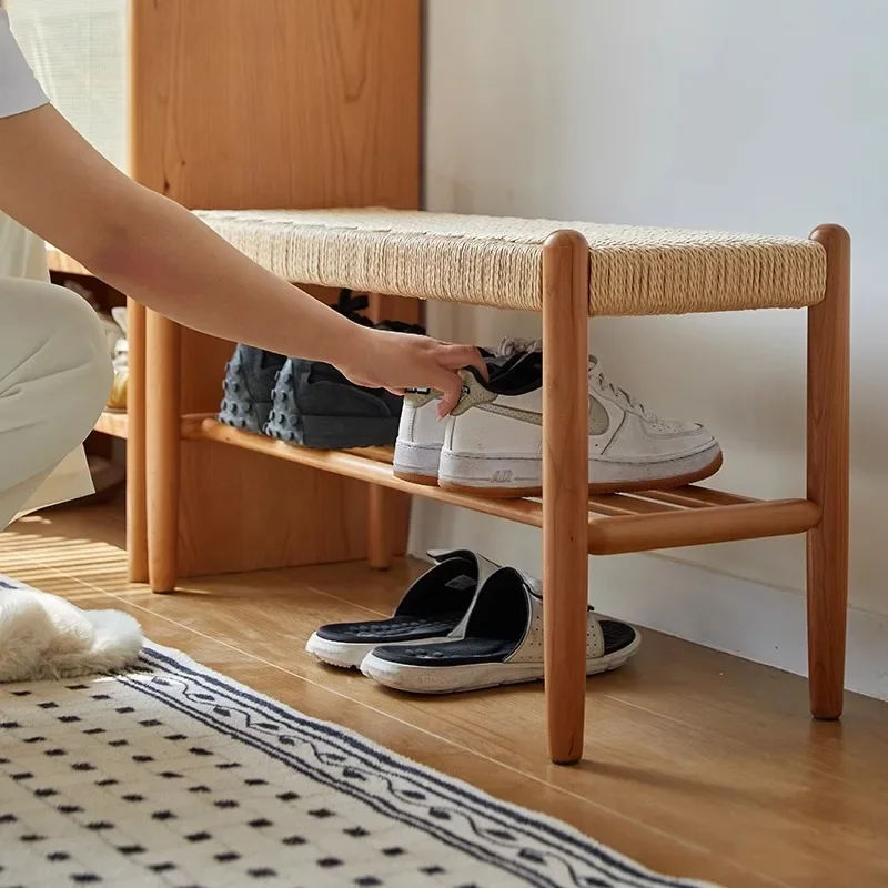 Shoe changing stool Japanese oak entrance door double-layer shoe rack walnut entrance stool
