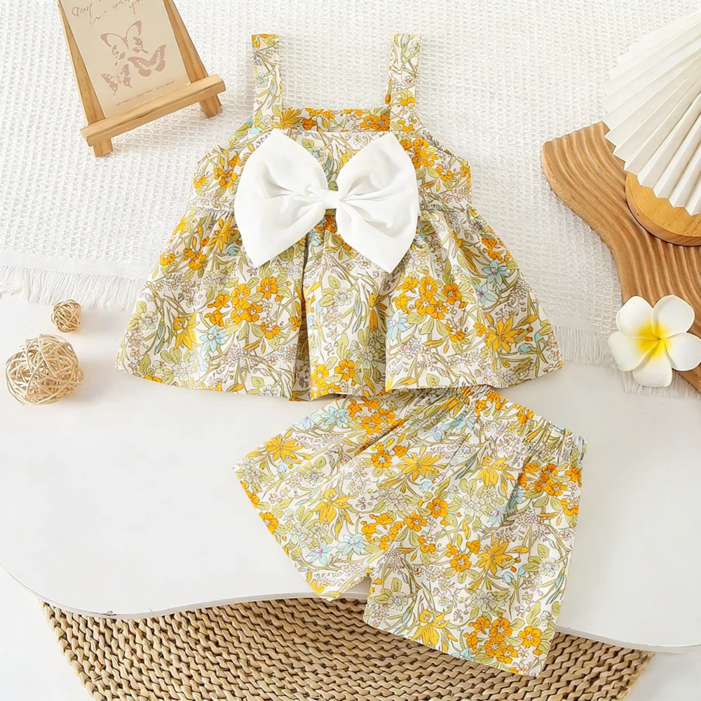 2pc/Set Baby Girl Set Summer Floral Bow Top And Shorts Baby Girl Clothing Cute Beach Baby Set