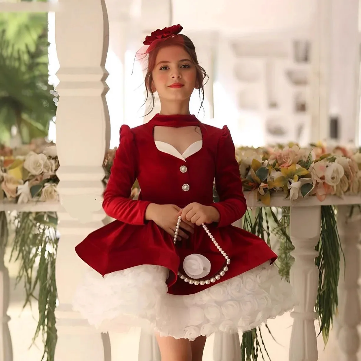 

KLFLGD New style girls' long-sleeved velvet dress, gorgeous and elegant high-end banquet evening dress, host speech dress