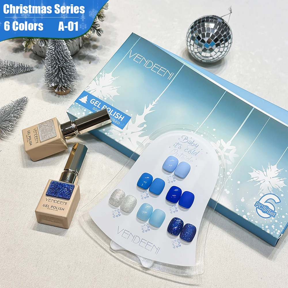 

Vendeeni 6 Colors/Set Christmas Ice Snow Blue Gel Nail Polish Semi Permanent Glitter Sequin UV Soak Off Gel Varnish With Display