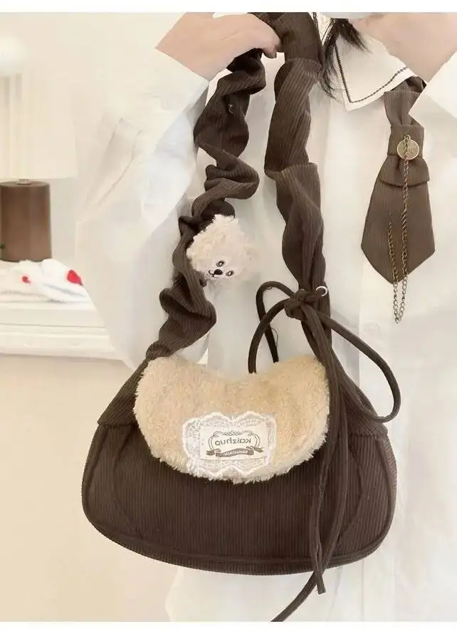 Bloom Haruku Corduroy Brown Shoulder Y2k Female Sweet Cute Casual Handbag Women Autumn Winter Plush Crossbody Bag 2025