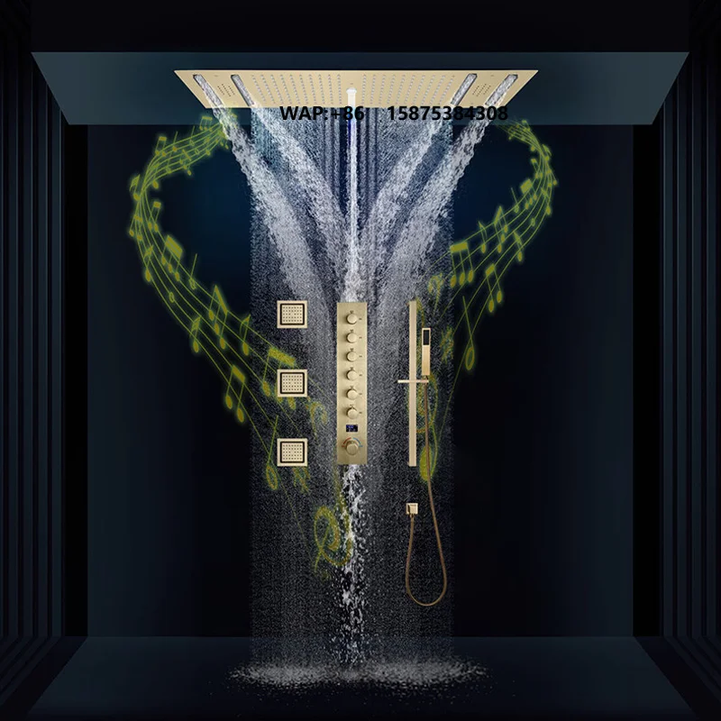 Ceiling Embedded Polished Brass Single Music Led Shower Rain Waterfall Massage Shower Head Temperature Display Hot