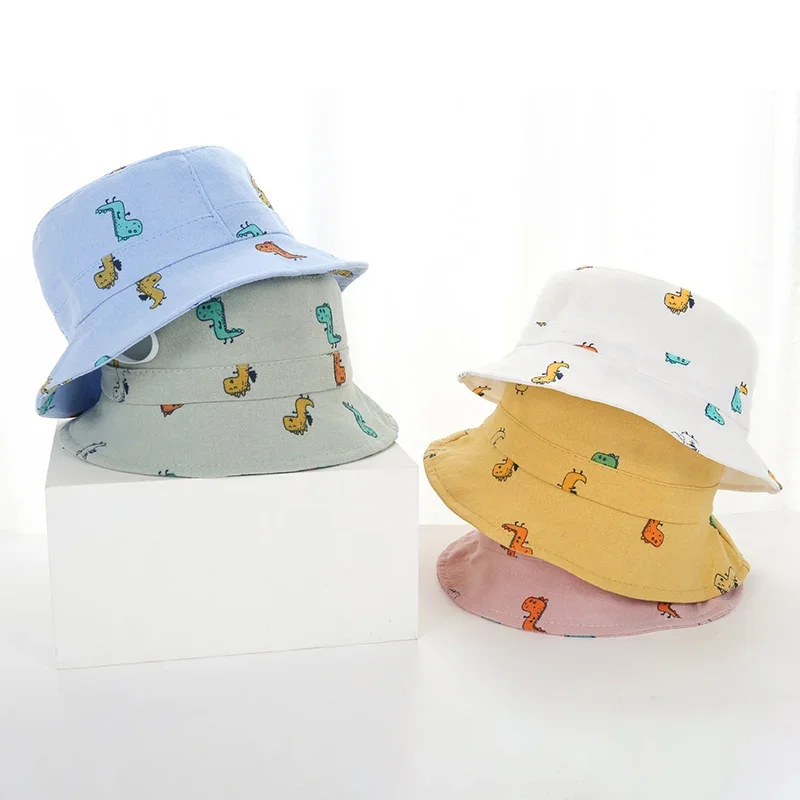 Cute Dinosaur Print Baby Bucket Hat Cartoon Solid Color Fisherman Cap for Toddler Boy Girl Summer Wide-brim Kids Panama Hats