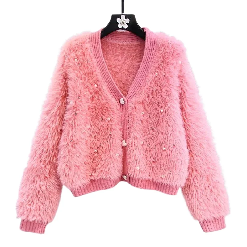 

Sweater Cardigans Imitate Mink Wool Woman Top Clothes Winter Knitted Korean Long Sleeve Elegance Sweet OL Casual Coats