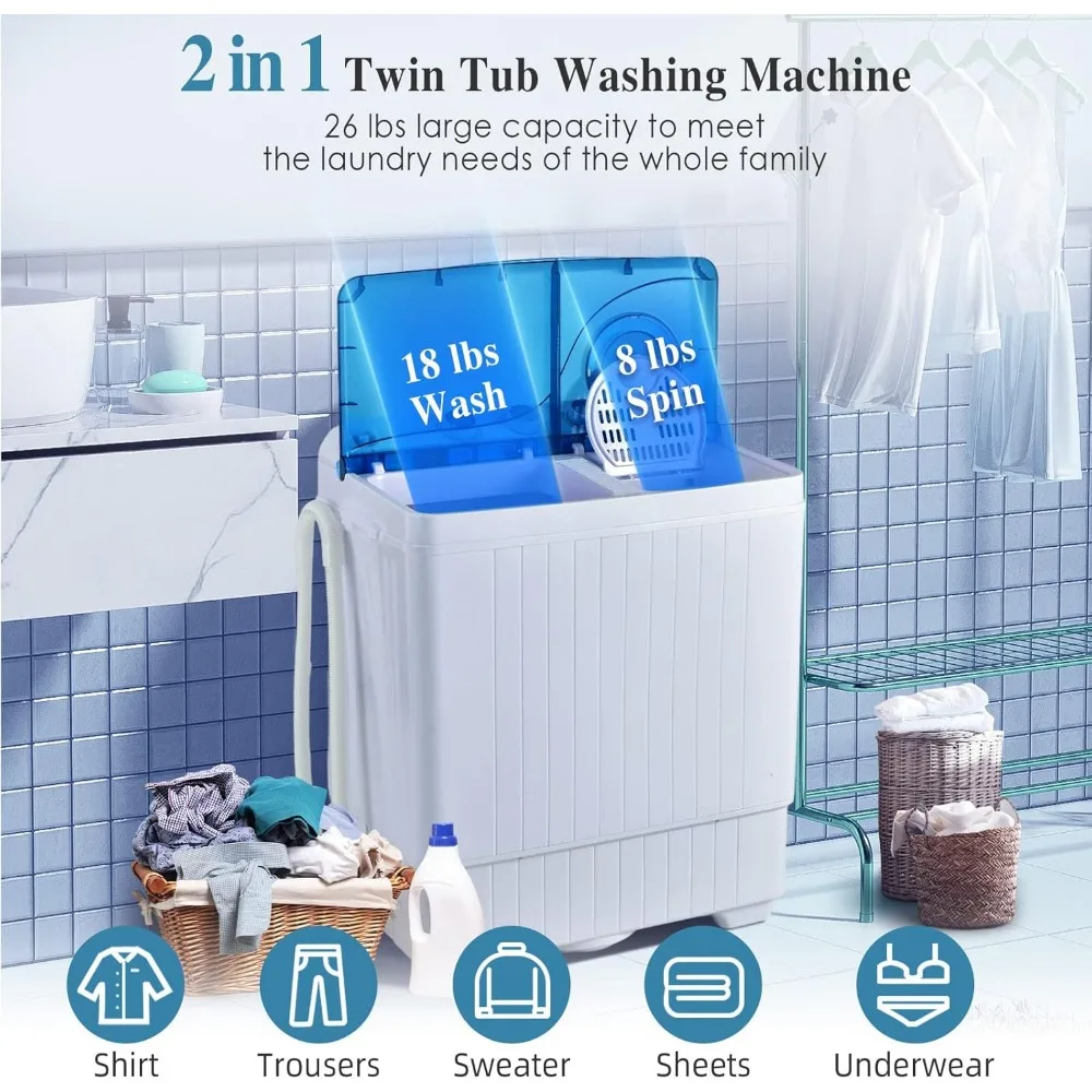 Portable Washing Machine, 26lbs Washer and Spinner Combo,18 Lbs Washing 8 Lbs Spinning, Built-in Drain Pump, W/Timer Control