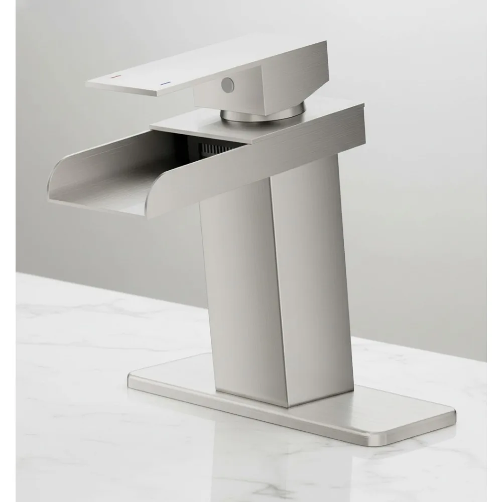

Modern Waterfall Bathroom Faucet Brushed Nickel Single Handle Sink Mixer Tap with Drain