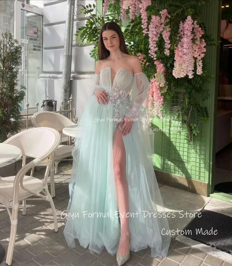 Giyu Fairy Mint Green Tulle Long Prom Evening Dresses Strapless 3D Flowers Split Sexy Long Sleeves Formal Party Dress Vestidos