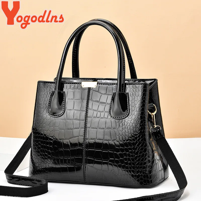 Yogodlns Luxury Bright Leather Handbag Female Alligator Crossbody Bag Large Capcaity Shoulder Bag Fashion Mommy Bag Totes