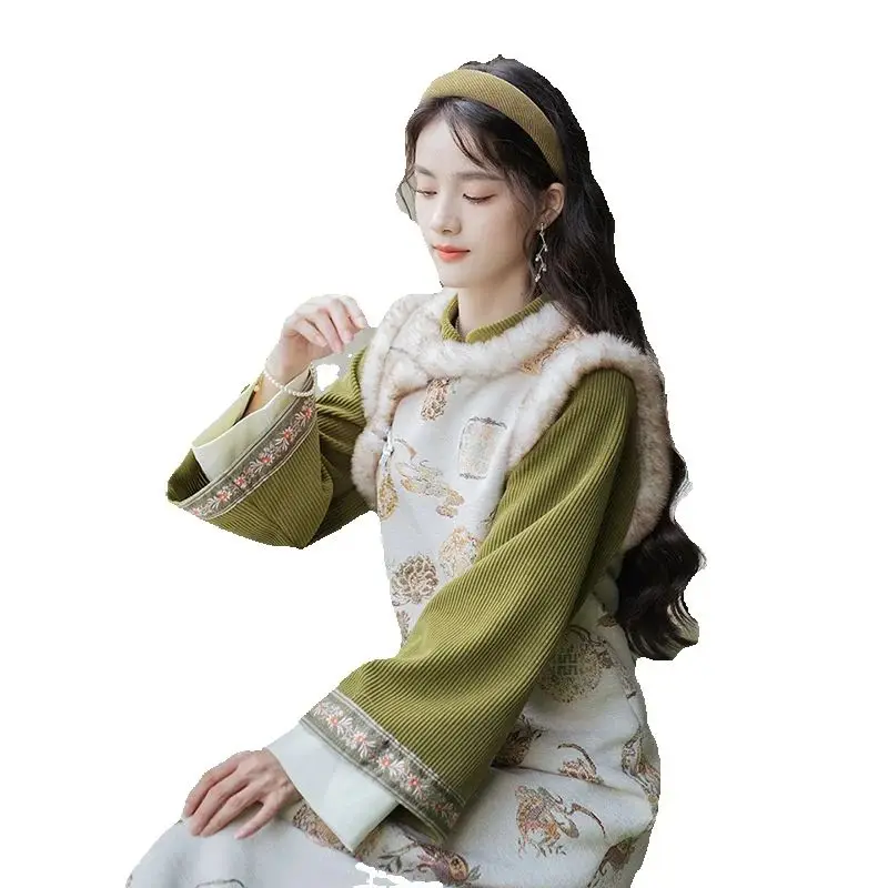 Ropa tradicional de estilo chino vestido Qipao Cheongsam ropa de mujer Otoño Invierno suave conjuntos de 2 piezas calidez comodidad