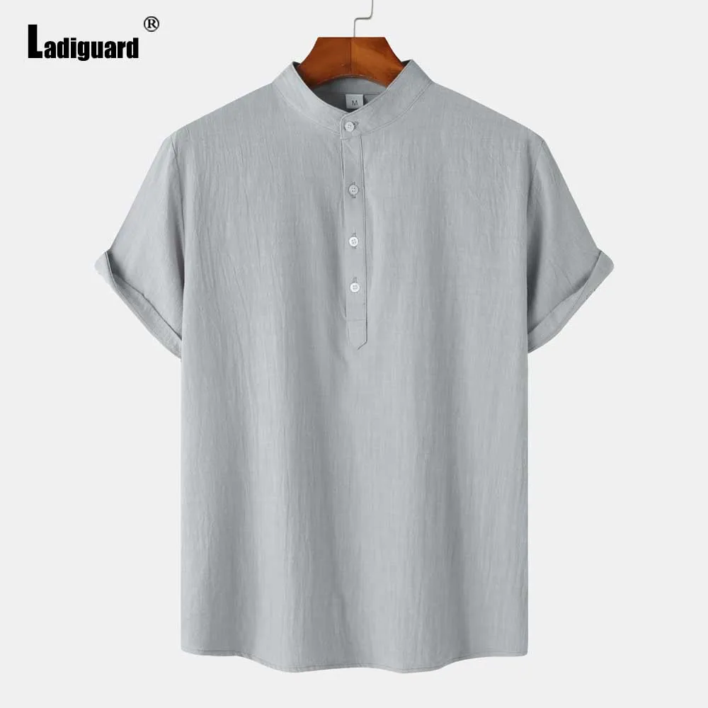 Men Short Sleeve Linen Shirts Clothing 2026 European Fashion Basic Top Pullovers Solid Collarless Blouse Mens Casual Daily Shirt