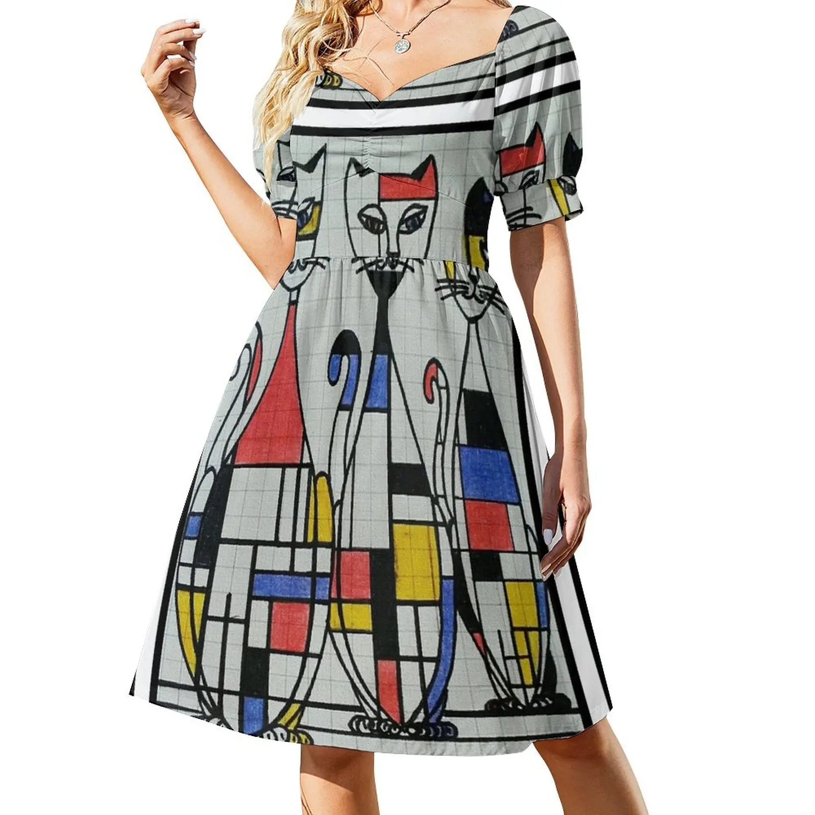 

Mid Century Mondrian Cats Short Sleeved Dress dresses women summer 2025 Women's summer skirt Long veiled dresses Dress