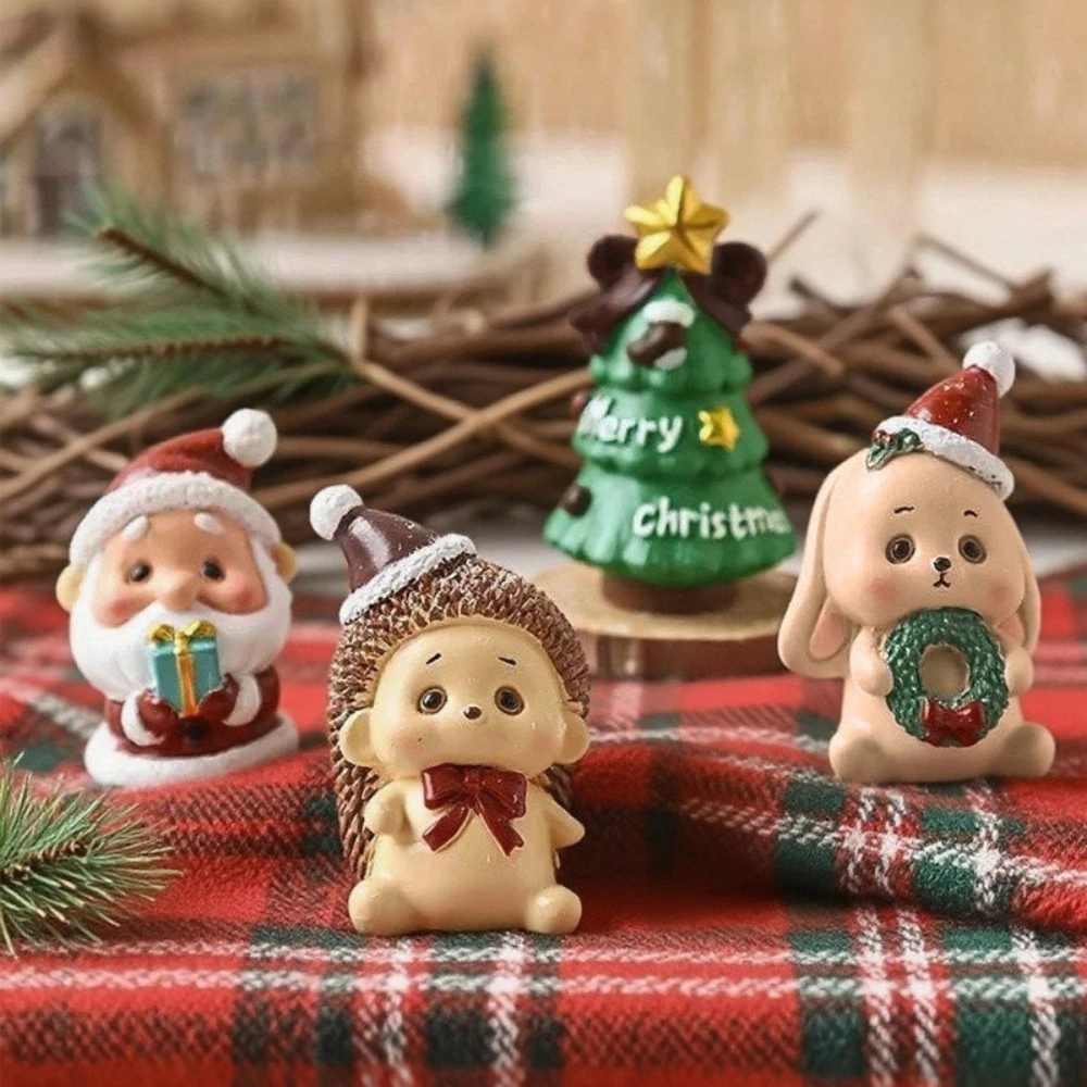 2pcs Christmas Santa Claus Tree Snowman Gifts Figurine Resin Cartoon Small Animals Figurine Diy Cabinet Table Decoration