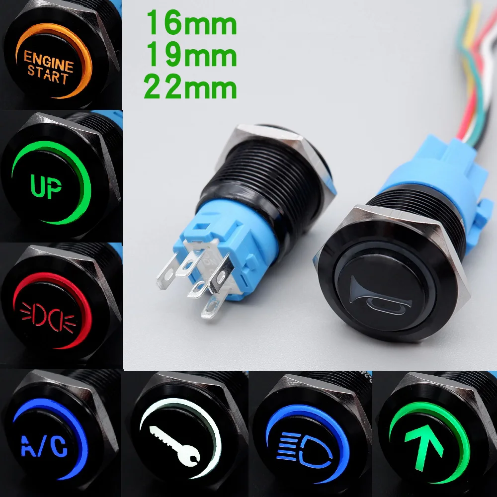 16/19/22mm Customization Button Latching/Momentary Metal Push Button LED Fan Horn Car Symbols Ring Lamp 5V 6V 12V 24V 110V 220V