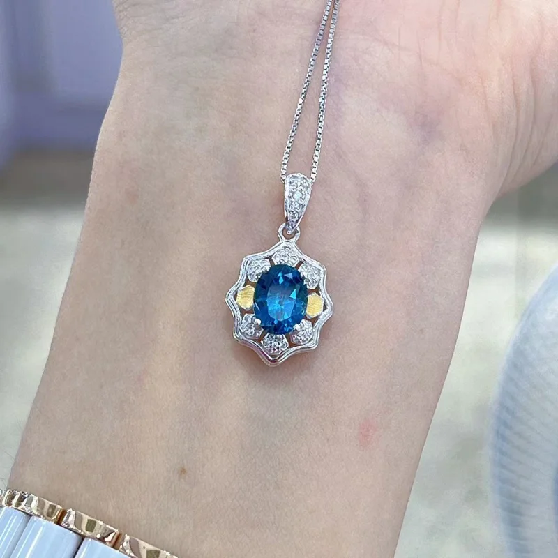 SACE GEMS New Trend London Blue Topaz Pendant 925 Sterling Silver Pendant Necklace for Women Everyday Party Fine Jewelry Gift