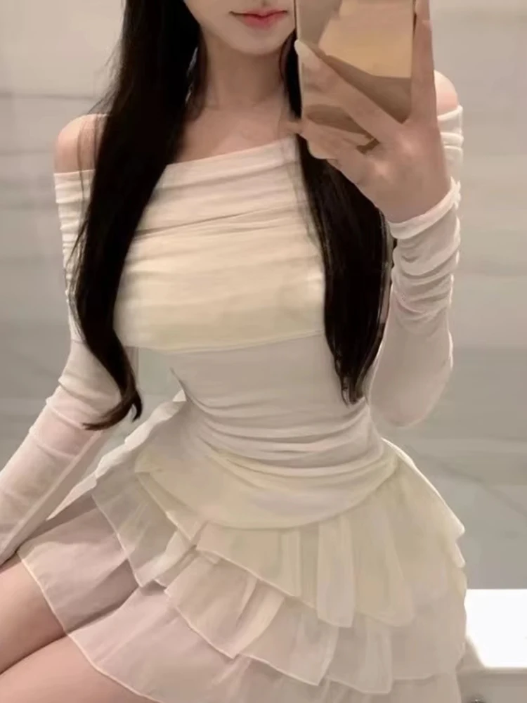 

Весенне-осенние облегающие топы с открытыми плечами и длинными рукавами для женщин + Y2k E-girls Юбки с высокой талией и сладким тортом 2025 Новые комплекты из двух предметов