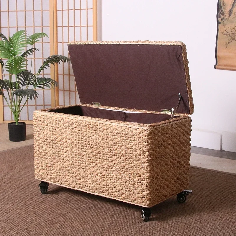 

Large Capacity Storage Box Rattan Woven Flip Cover Clothing Case Multifunctional Shoe Changing Stool Convenient Pulley Step Seat