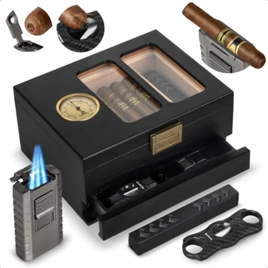 Umidificatore per sigari con piano in vetro, legno di cedro, scatola per umidificatore per sigari 2035 con igrometro, accendisigari e aspiratore per sigari
