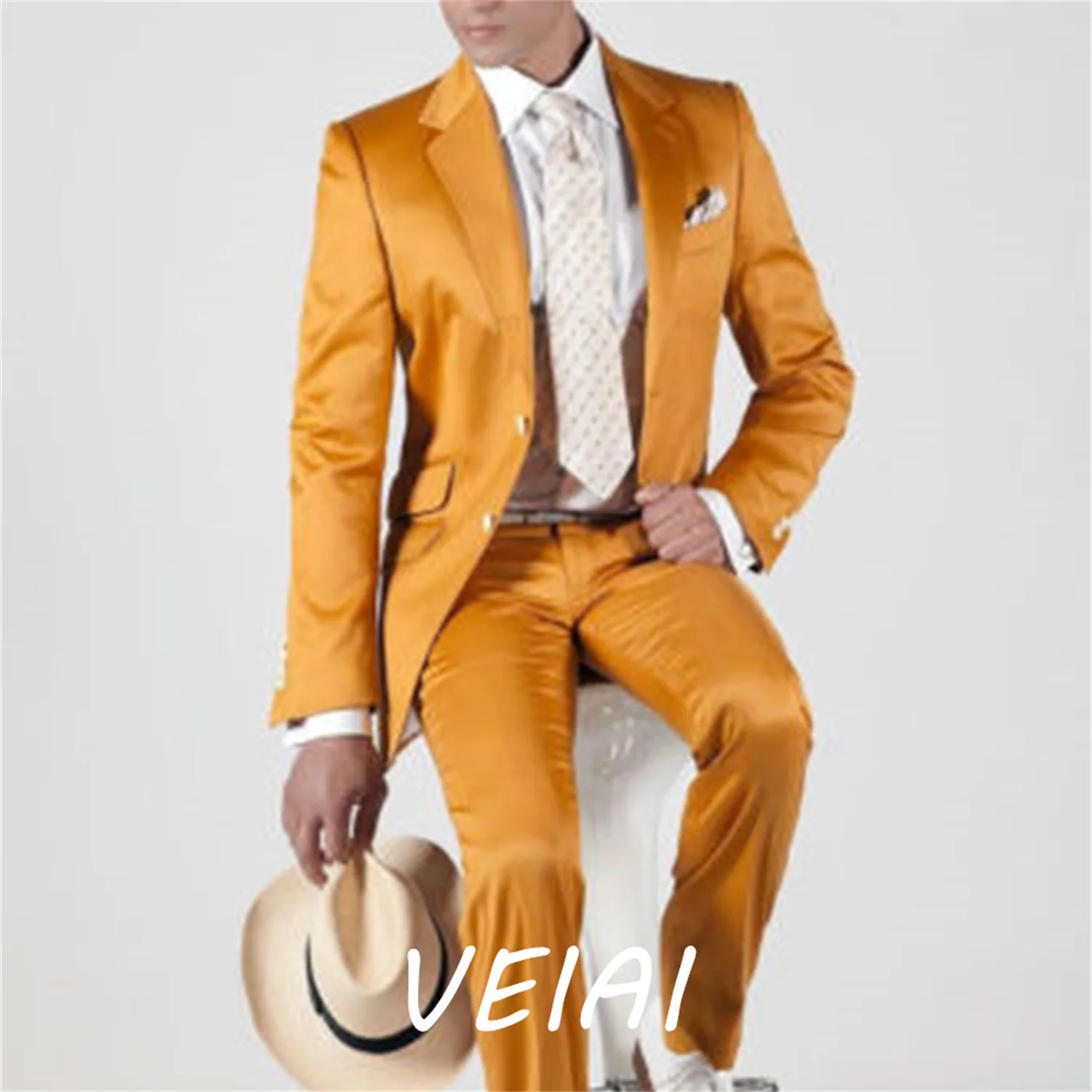 

CustomizedNew Fashion Yellow Men Suits Custom Made Stage High End Wedding For Groomsmen Party Tuxedos Set 2 Pcs(Jacket+Pants)