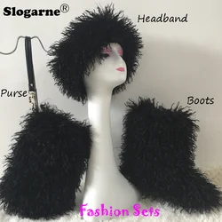 2025 Women's New Faux Fur Boots Fur Bag Cap Winter Fashion Fur Purse Girls' Luxury Furry Snow Boots Warm Shoes Fluffy Headband