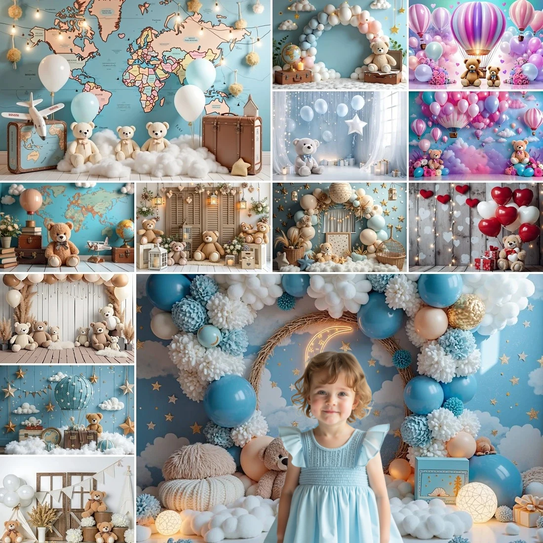 

MOON.QG Teddy Bear Child Birthday Party Decor Background Photography Backdrop Cloud May Balloon Kids Photoshoot Party Decor