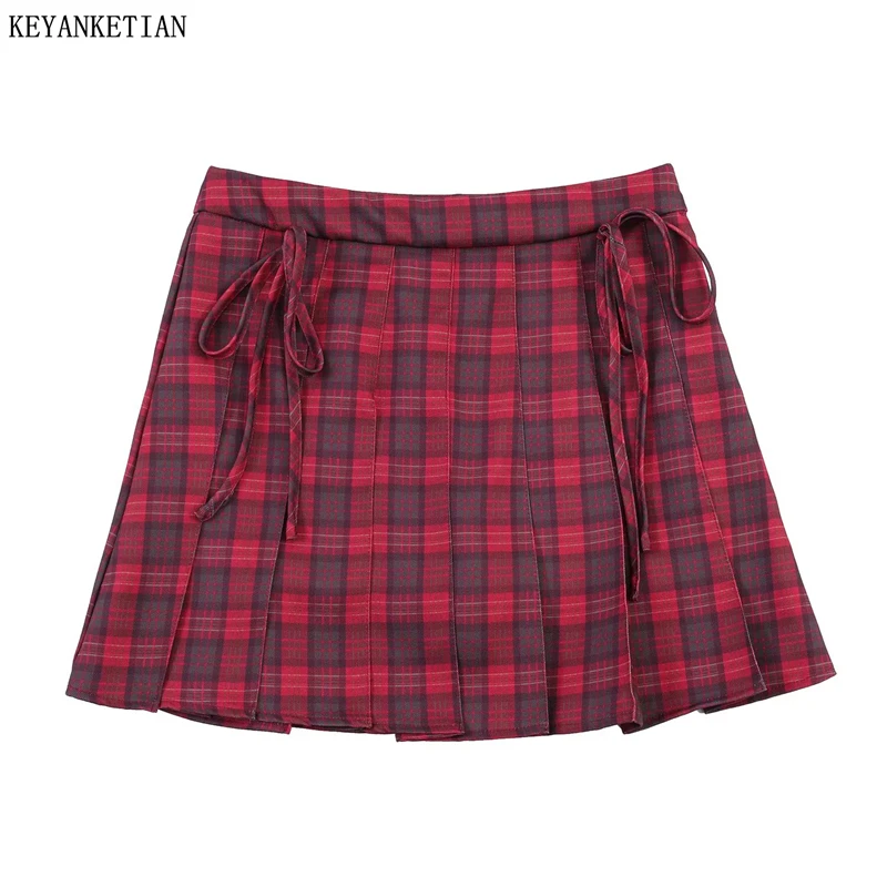 KEYANKETIAN 2026 Summer New Women Bow Red Plaid Pleated Mini Skirt Slim Fit Side Zipper Lined A-Line School Uniform Style