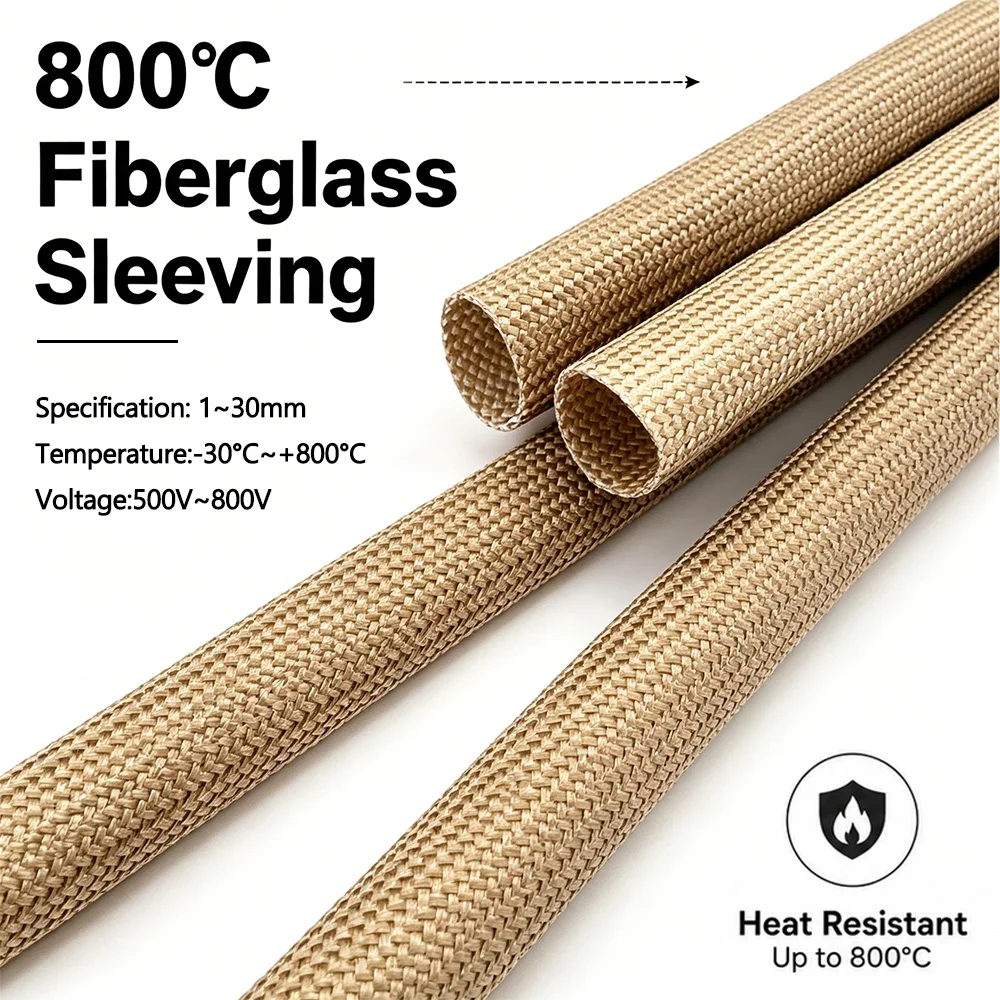1~30mm Alkali-Free Braided Glass Fiber Sleeving 800 Deg.C High Temp Heat Insulation Flameproof Wire Cable Protection Tubing