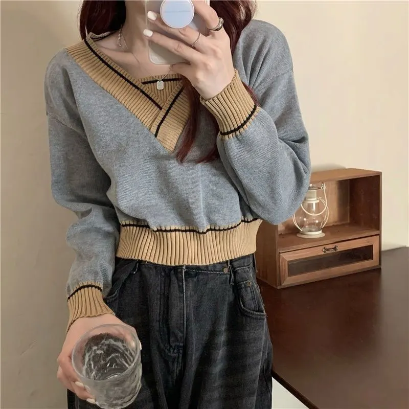 Women\'s Autumn New Style Fashion Office Lady Simplicity V-neck Long Sleeve Knitwear Women Clothes Elegant Temperament Loose Tops