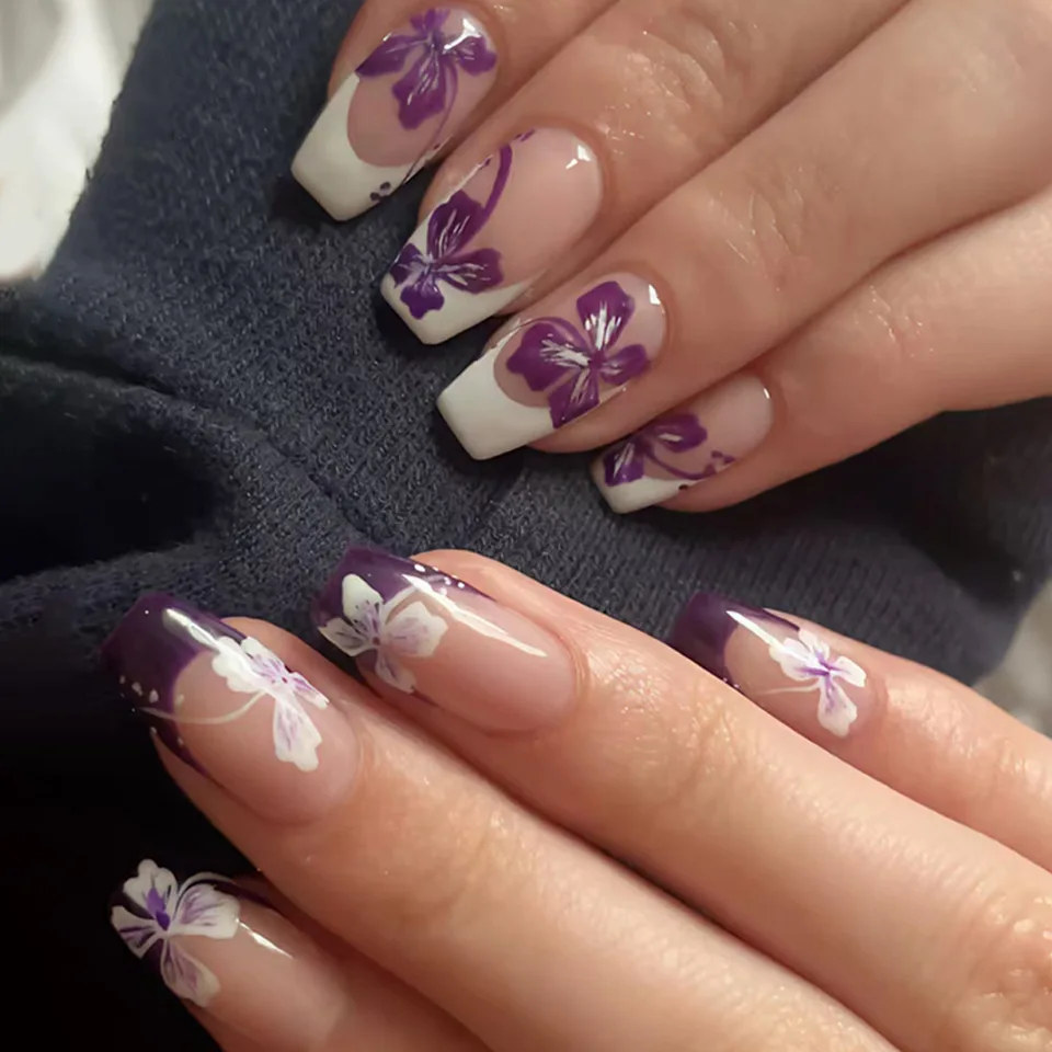 24 piezas uñas postizas en forma ataúd, longitud media, con puntas francesas blancas, impresas con flores rosas y blancas, para primavera/verano, manicura DIY 6
