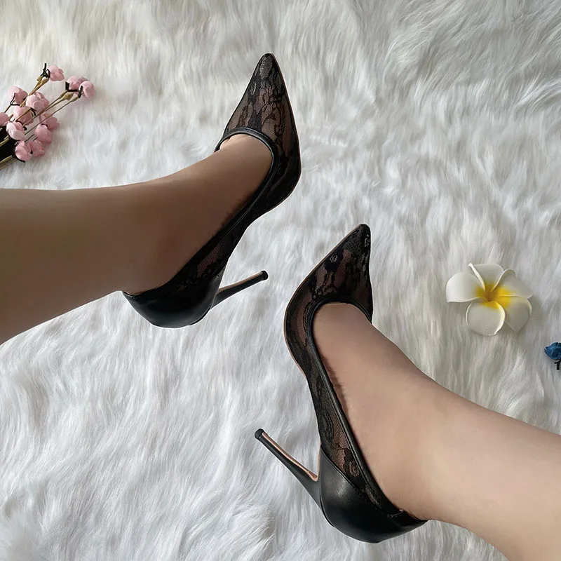 TOMONYE Sexy Hot Sale Black Mesh  Grenadine Hollowed-Out Spring Shoes 12cm Pump Heel Big Size 44 45 46 Discount Brand Designer