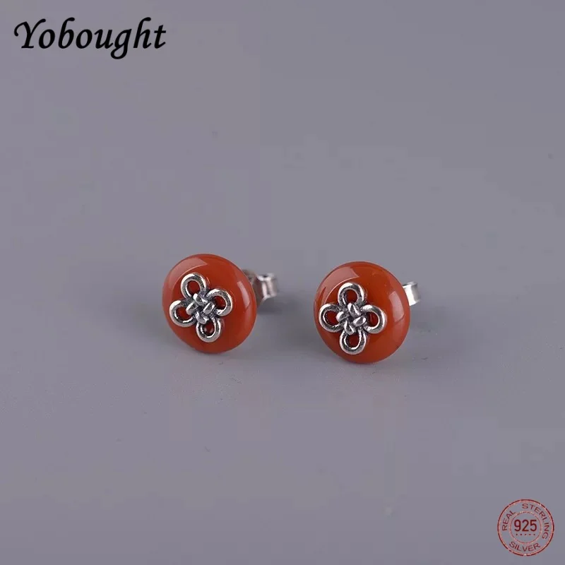 S925 Sterling Silver China Festival South Red Hotan Jade Round Earrings Retro Simple National Style Jewelry