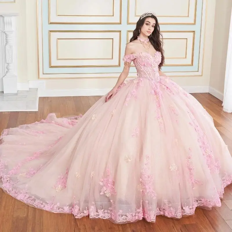 Pink Shiny Quinceanera Dresses Ball Gown Party Birthday Princess Lace Appliques Beads Crystal Tull Off The Shoulder Sweet 16