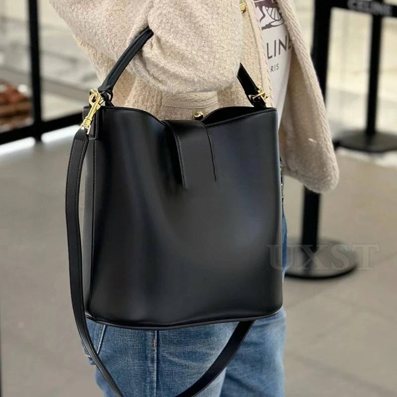 2024 Autumn Causal Handbag Exquisite Smooth Leather Bucket Bag High Grade Retro Crossbody Bag Large Capacity Single Shoulder Bag