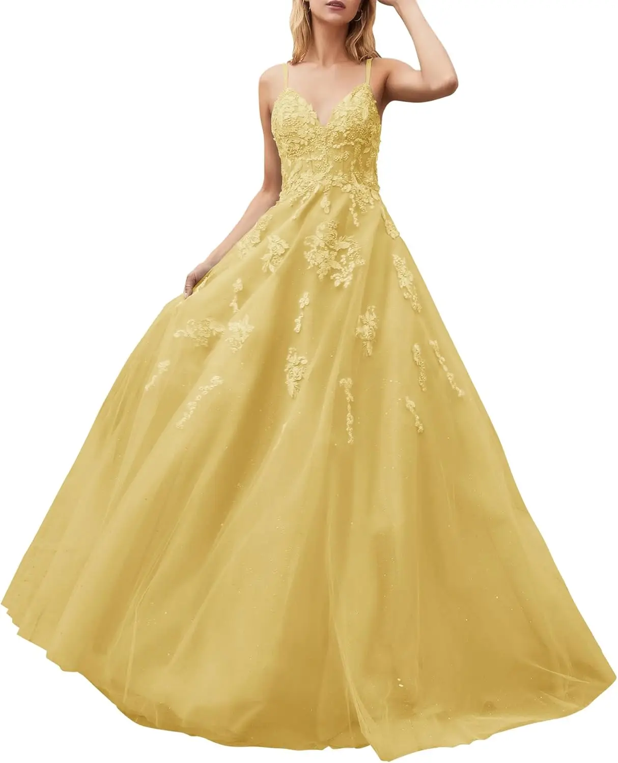 Glitzernde Tüll-Abschlussballkleider für Teenager, Spitzenapplikationen, Perlen, lange Ballkleider, Spaghettiträger, formelle Kleider, Abendkleider