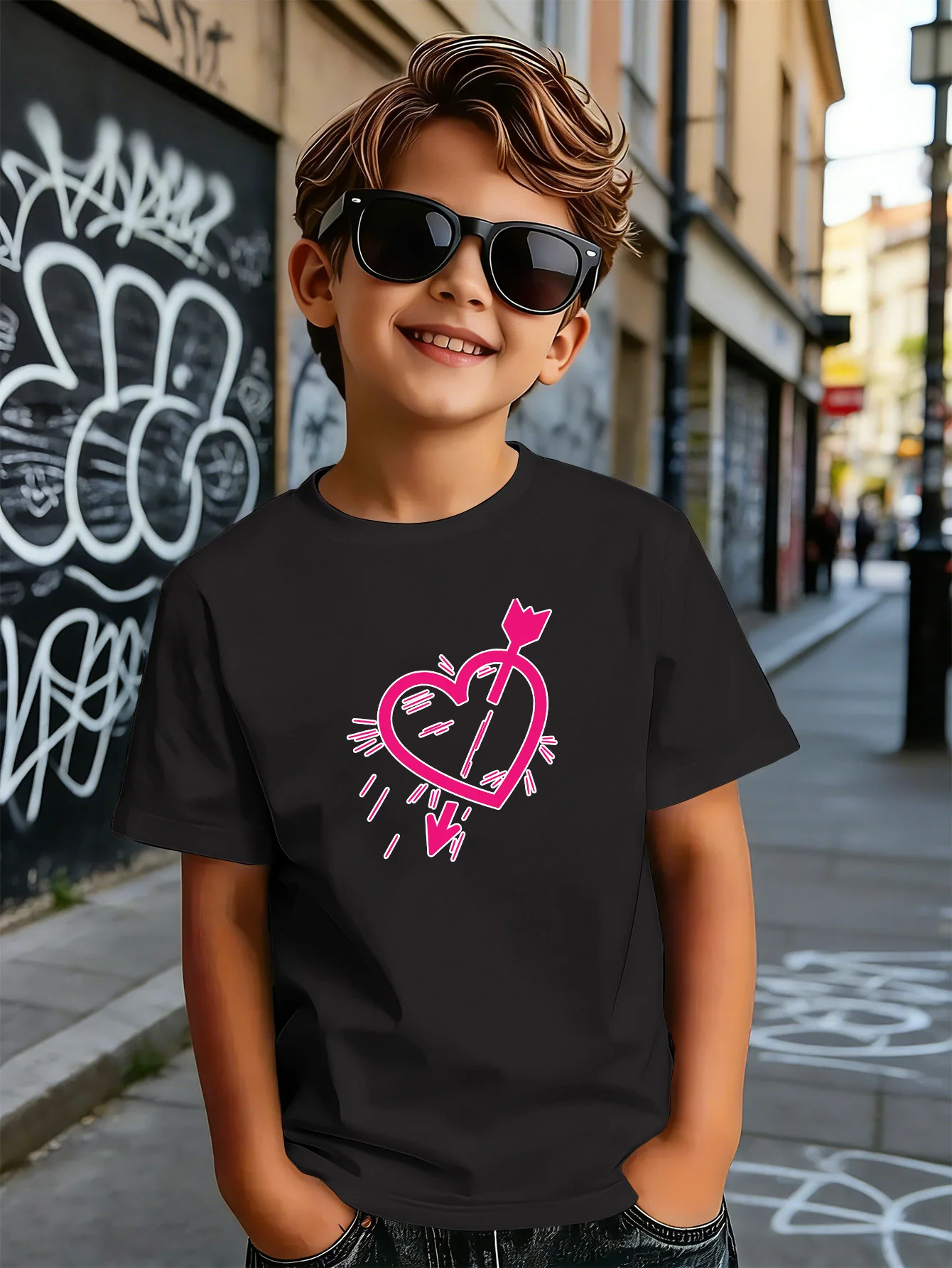 Pink Arrow Through Heart Line Art Print Kids T Shirt Boys Girls Short Sleeve Crew Neck Cotton Love Parent Child Matching Tees