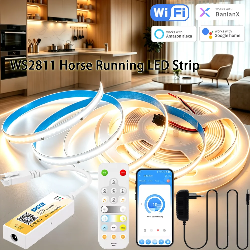 WiFi WS2811 Flowing Water Led Strip COB 24V 2700K-6500K Sequential Horse Race Led Tape Light BanlanX APP Control  Alexa Google