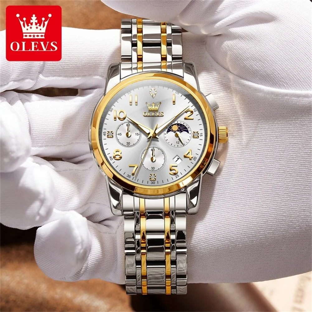 OLEVS ساعة رياضية فاخرة للرجال كوارتز مقاوم للماء تاريخ مضيء كرونوغراف ساعات رجالية من الفولاذ المقاوم للصدأ ساعة رجالية على مدار الساعة #5